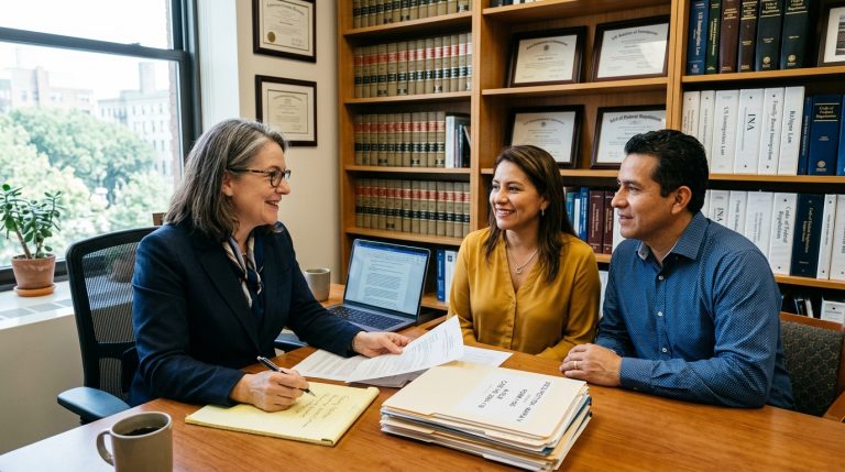Abogada de inmigración certificada en despacho jurídico asesorando a pareja hispana sobre peticiones familiares y defensa migratoria