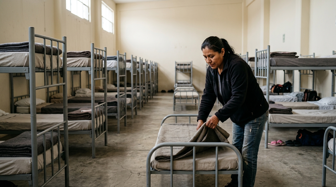 Dormitorio amplio de albergue fronterizo con literas vacías y coordinadora doblando cobijas