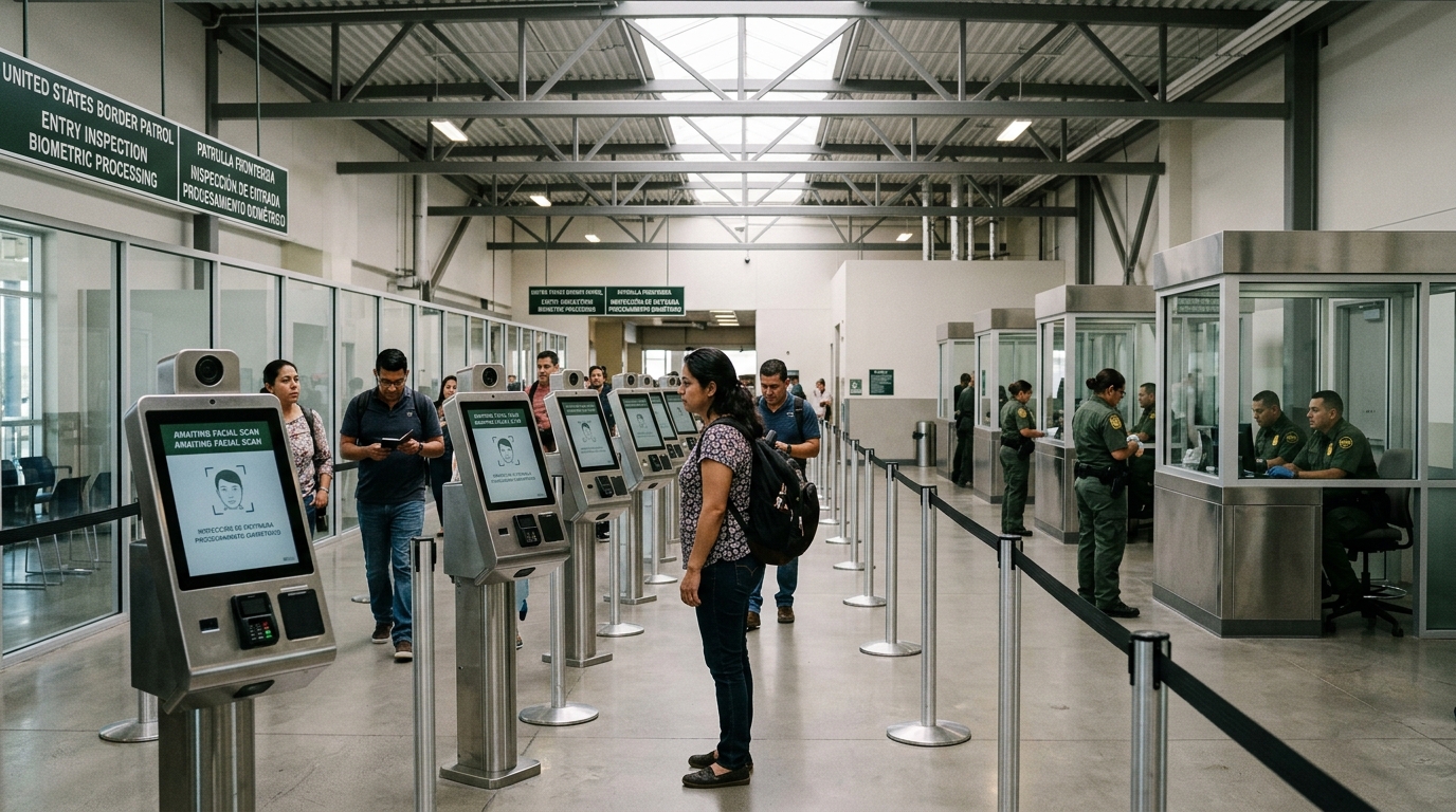 Garita peatonal de cruce fronterizo con kioscos modernos de reconocimiento facial biométrico de CBP