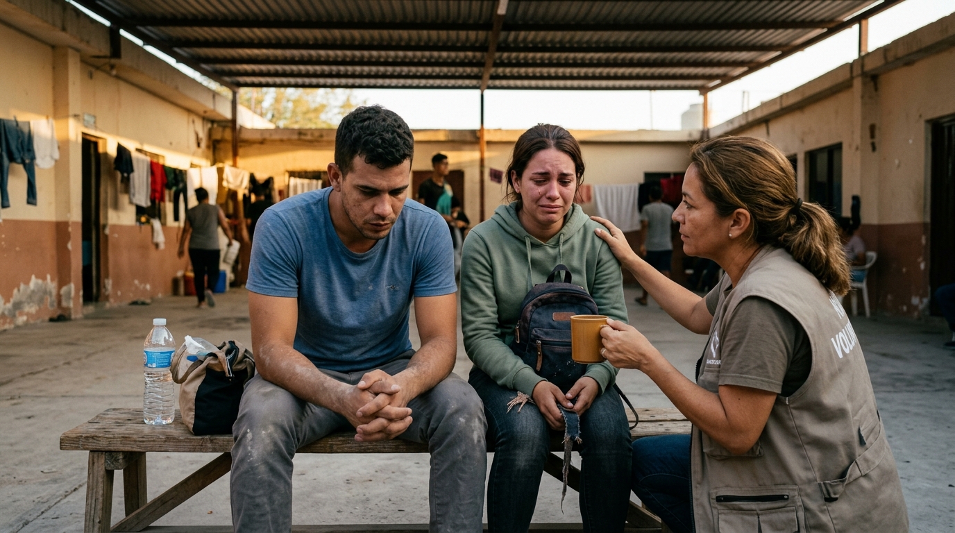 Pareja de migrantes cubanos en el patio de un albergue fronterizo con lágrimas y consuelo humanitario tras escapar de intento de secuestro