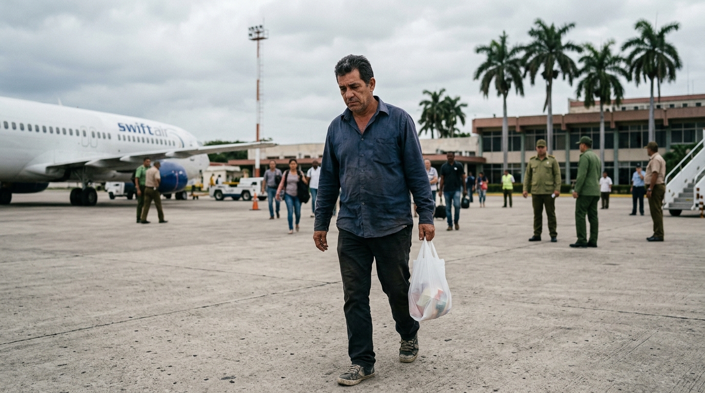 Migrante cubano deportado caminando abatido en la pista del aeropuerto de La Habana con una bolsa de pertenencias