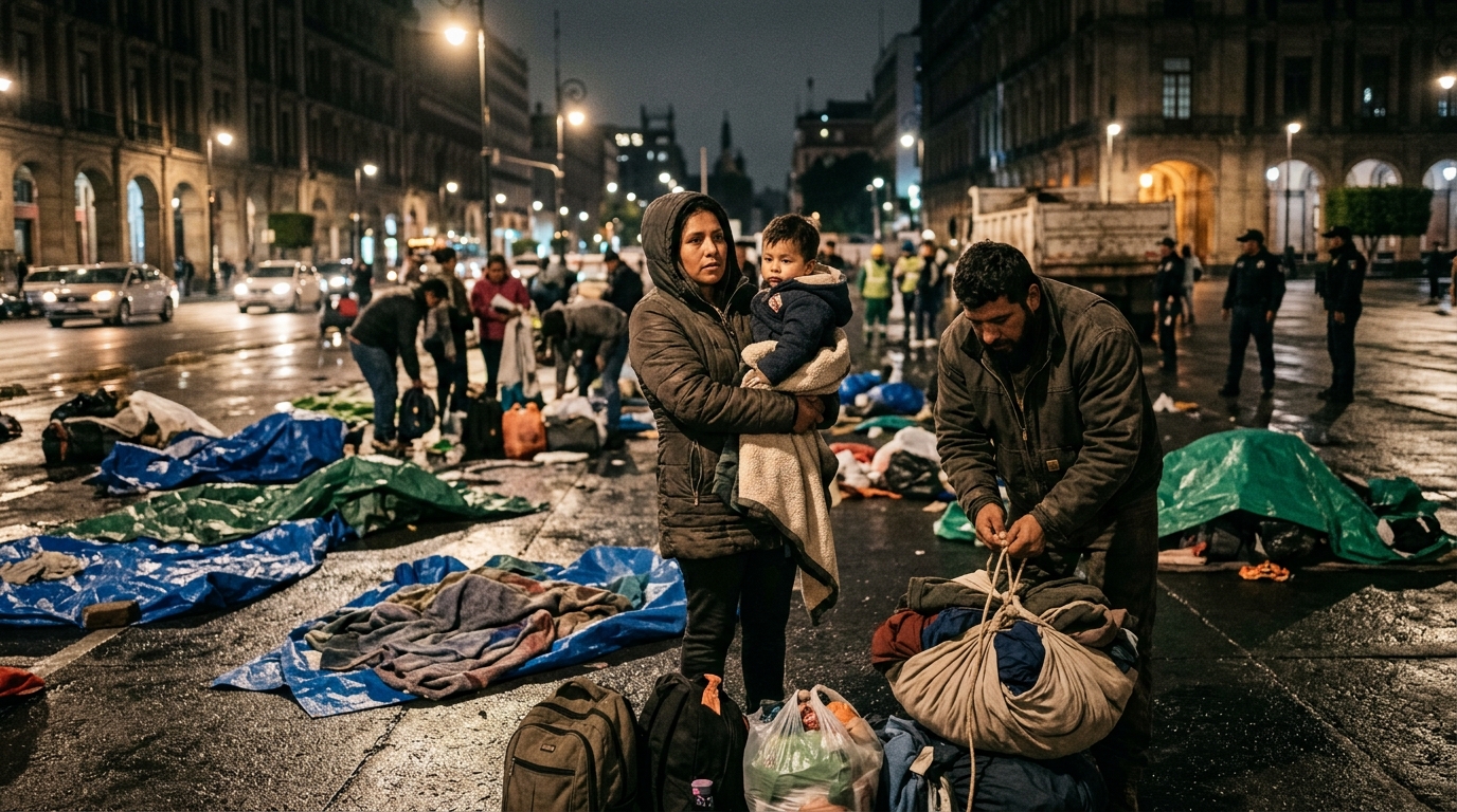 Familia migrante en plaza pública de la Ciudad de México tras el desalojo nocturno de su campamento con cobijas y lluvia