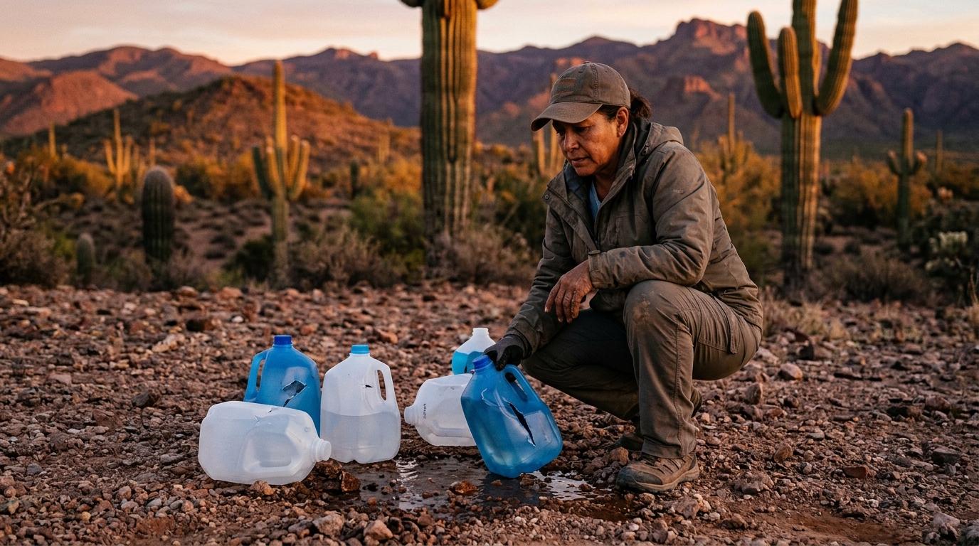 Voluntaria humanitaria inspeccionando bidones de agua destruidos en el desierto de Arizona al amanecer