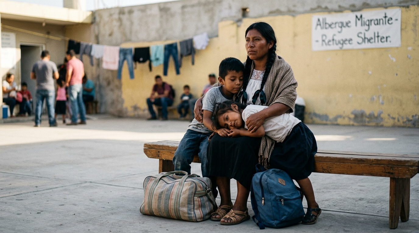 Madre indígena mexicana con sus dos hijos pequeños sentada en un albergue fronterizo tras huir de la violencia