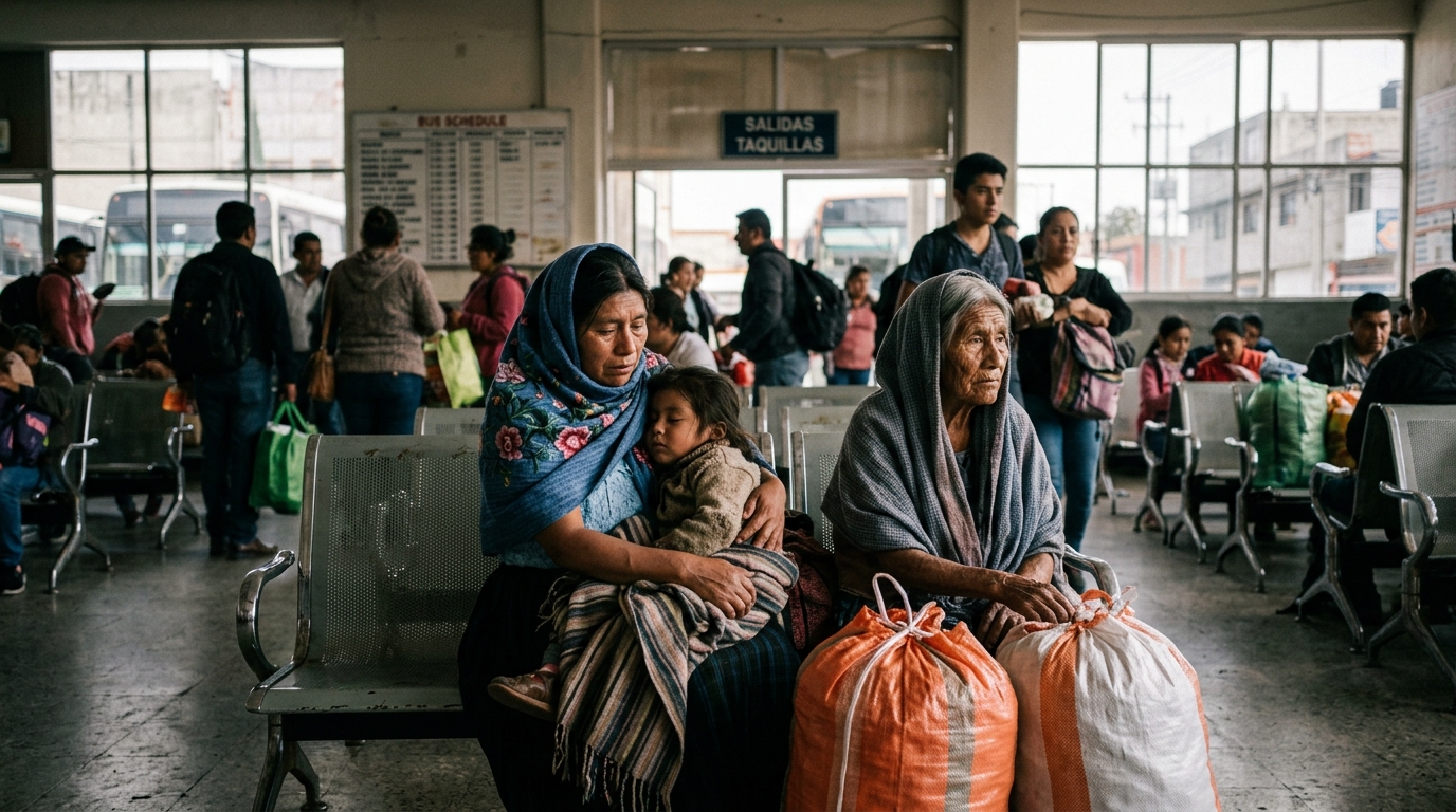Madre campesina indígena del centro de México con sus hijos y pertenencias en sacos sentada en una sala de espera de autobuses