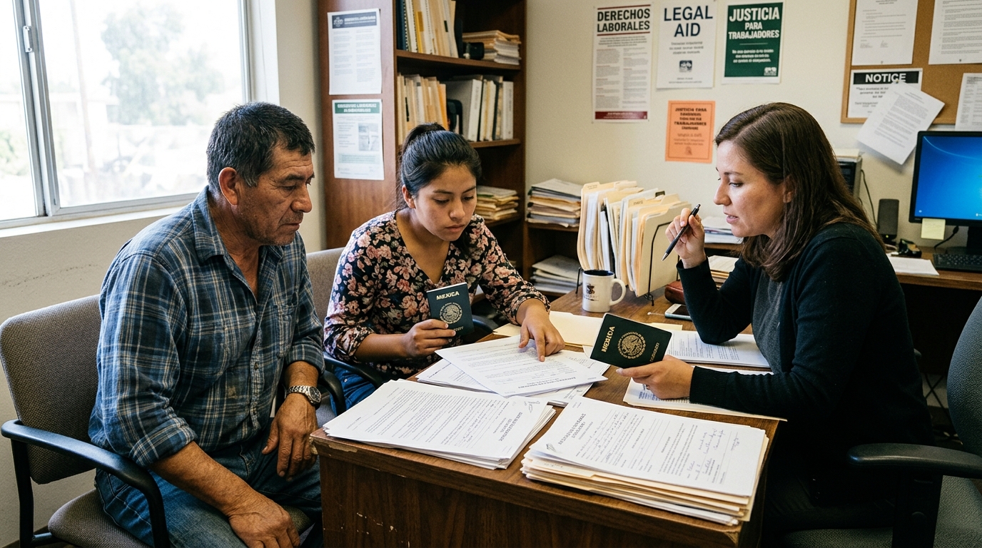 Campesinos en asesoría legal revisando contratos y pasaportes tras fraude de visas H-2A
