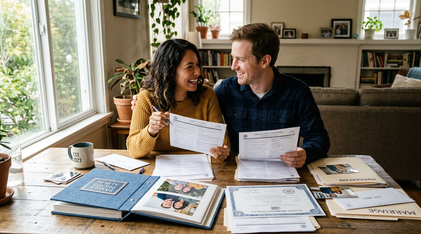 Pareja bicultural sonriendo al organizar formularios de ajuste de estatus por matrimonio I-130 e I-485 con evidencias familiares ante USCIS