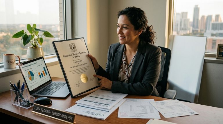 Profesional hispana con título universitario y reporte de evaluación de credenciales académicas en Estados Unidos
