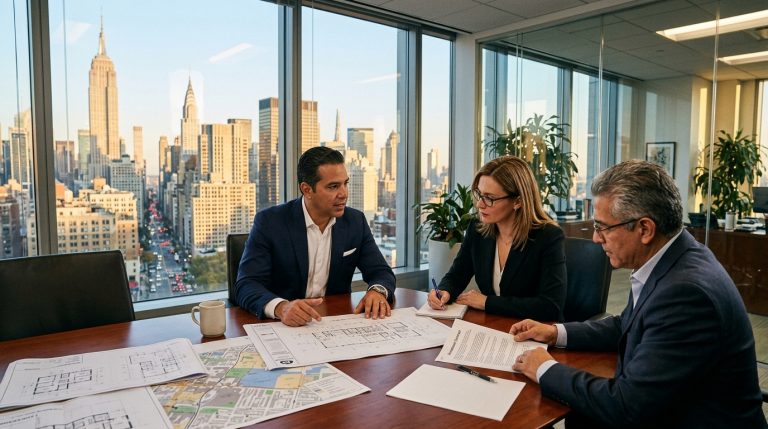 Inversionista hispano y asesora legal corporativa analizando planos comerciales y contratos de visa EB-5 y E-2 en oficina en EE. UU.