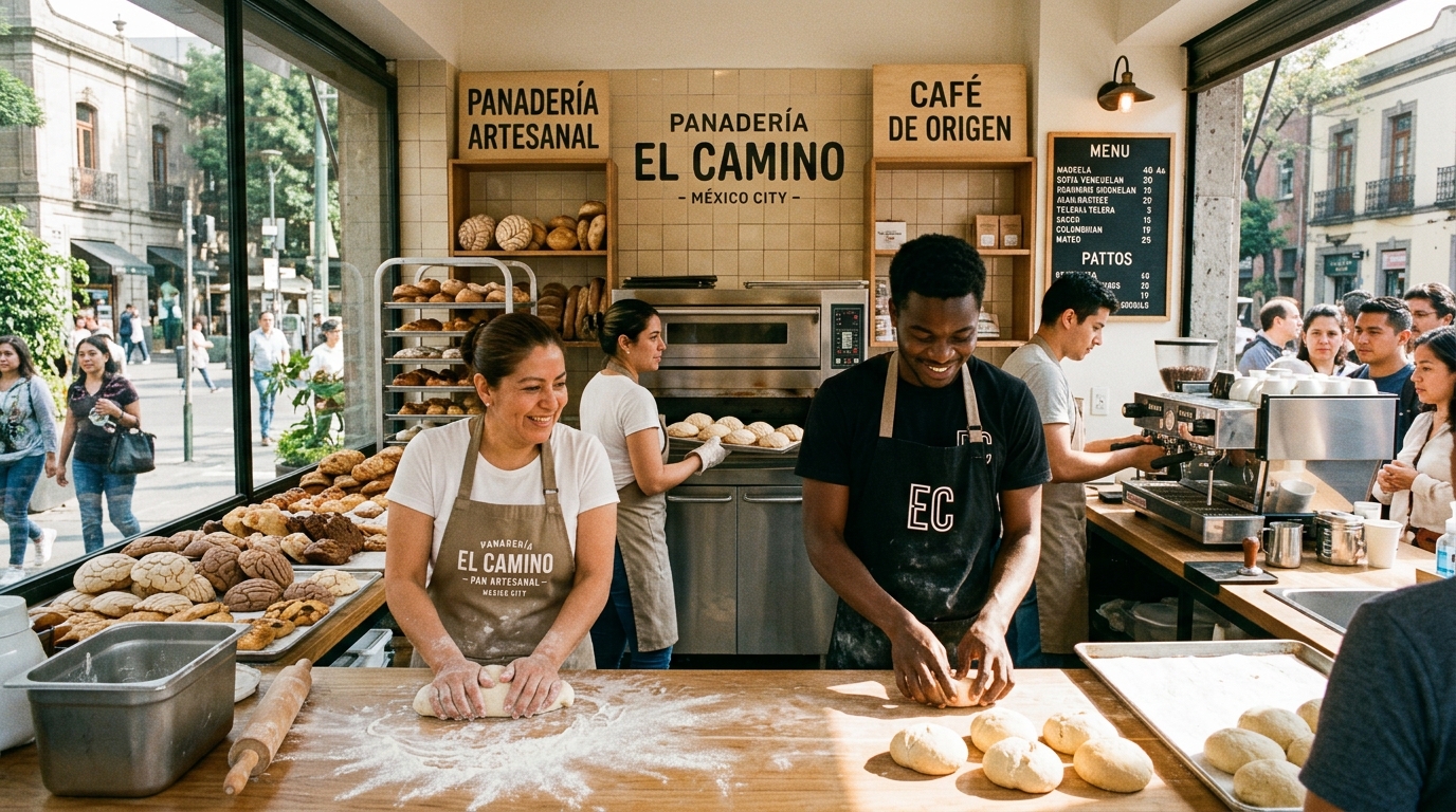 Migrantes haitianos y sudamericanos trabajando con locales en cafetería y panadería de la CDMX