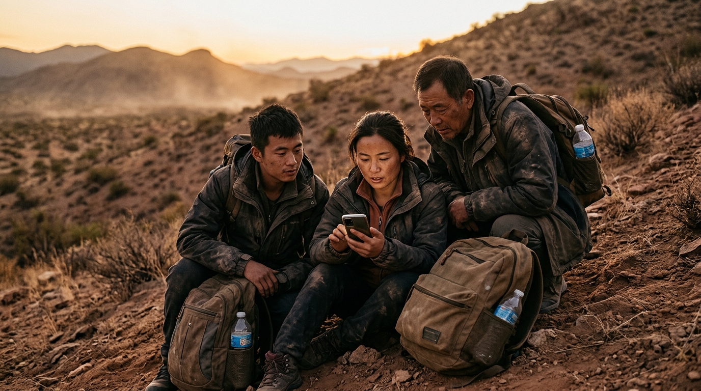 Grupo de migrantes chinos exhaustos en una colina desértica de la frontera norte revisando mapa y traductor en celular