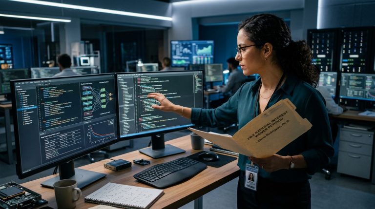 Científica de datos e ingeniera hispana revisando algoritmos en centro tecnológico en EE. UU. con expediente de petición EB-2 NIW