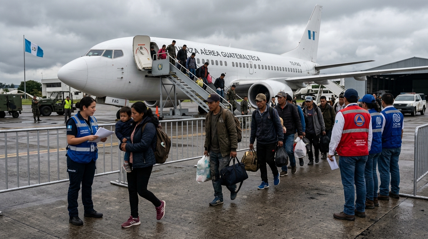 Pasajeros descendiendo de vuelo de repatriación en pista aérea centroamericana
