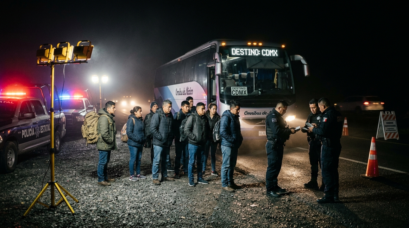 Retén carretero nocturno en autopista del centro de México revisando pasajeros de autobús de pasajeros con luces de patrulla