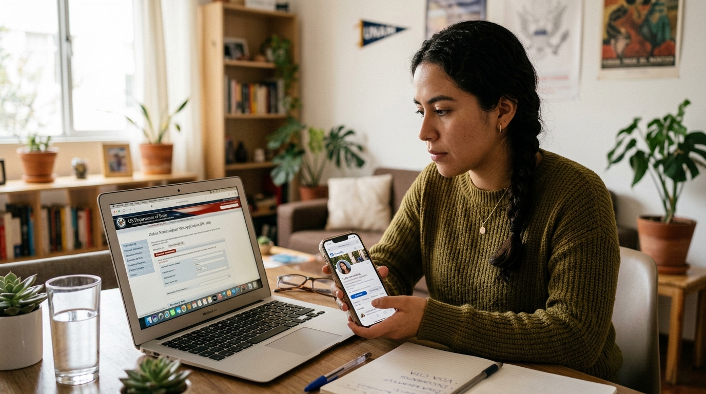 Joven solicitante revisando su formulario consular de visa en laptop y perfiles sociales en smartphone