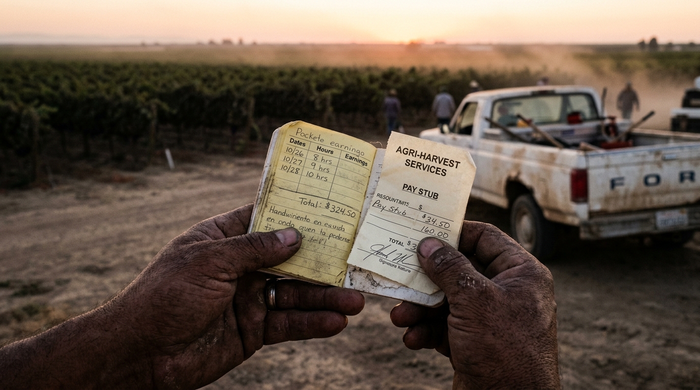 Jornalero mexicano con manos encallecidas sosteniendo libreta de horas y cheque incompleto en un campo agrícola
