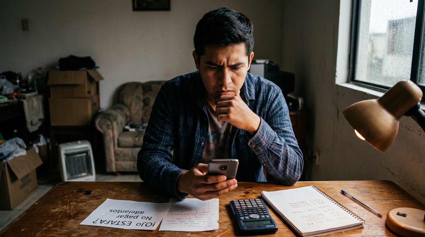 Joven hispano en su mesa analizando mensaje sospechoso en celular con notas de alerta contra fraudes de visas de trabajo