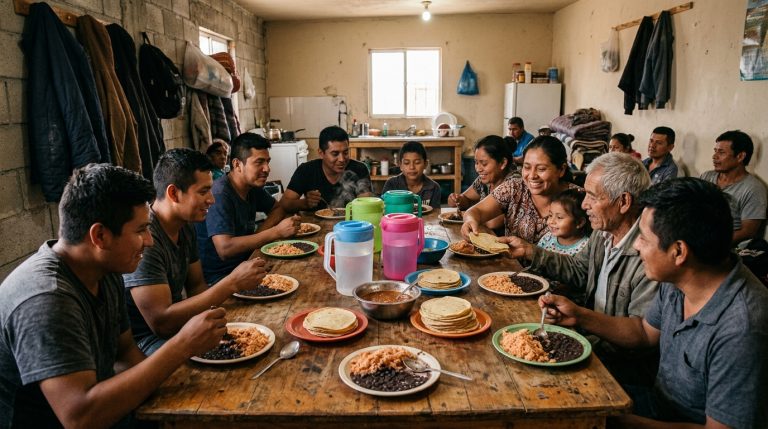 Comida comunitaria caliente en mesa de albergue para migrantes