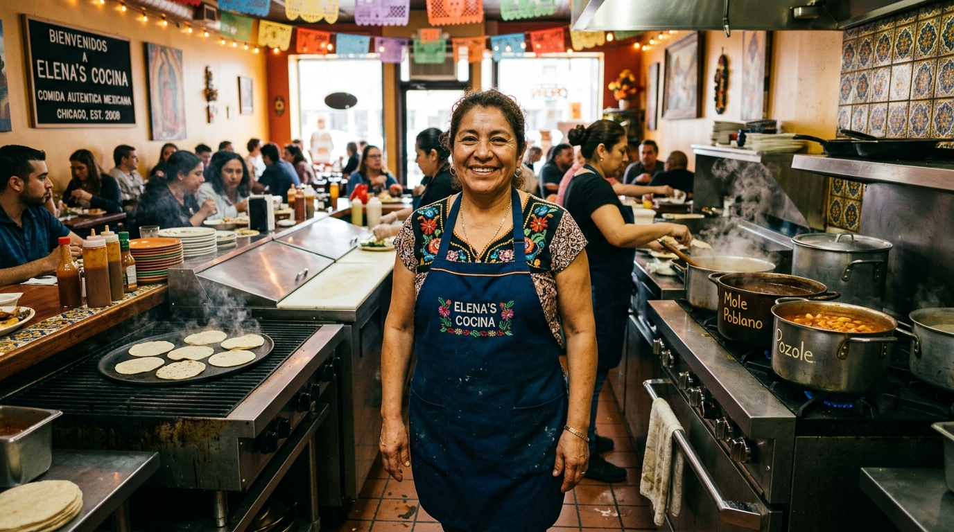 Doña Elena sonriendo orgullosa con mandil bordado en la cocina de su restaurante tradicional mexicano en Chicago